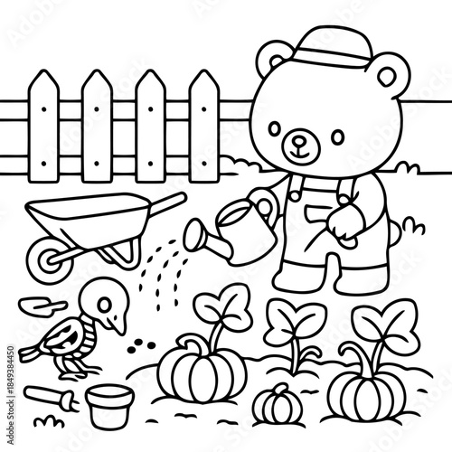 Gardening Bear's Harvest: An endearing cartoon bear tends to a vibrant garden, watering growing pumpkins with a watering can, a testament to nurturing and nature's bounty.