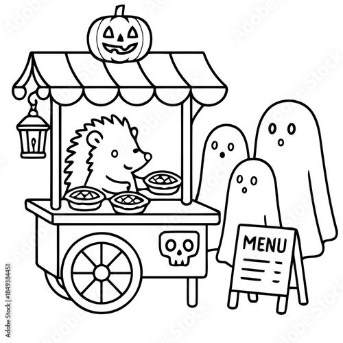 Spooky Cart: A whimsical illustration of a hedgehog selling pies from a cart, while three curious ghosts ponder their menu. A carved pumpkin perches above, adding a touch of Halloween charm.