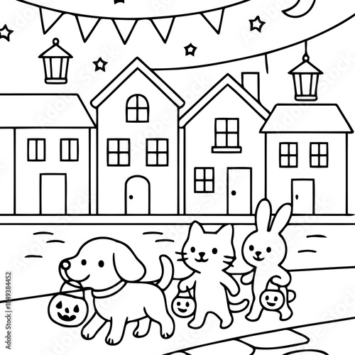 Halloween Night Gathering: An illustrated scene of a festive Halloween night, featuring a procession of animal figures dressed for trick-or-treating along a street.