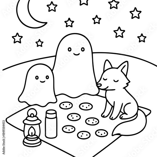 Nocturnal Gathering: A heartwarming cartoon illustration depicting a friendly fox and two charming ghosts enjoying a moonlit picnic, complete with snacks and a warm lantern.