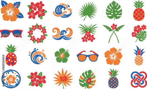 Tropical design elements including flowers, waves, pineapple, and sunglasses, perfect for summer themes.