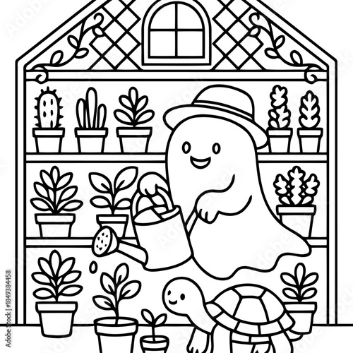 The Garden's Ghost: A friendly ghost tends to a flourishing garden within a whimsical greenhouse, nurturing plants and tending to a turtle.