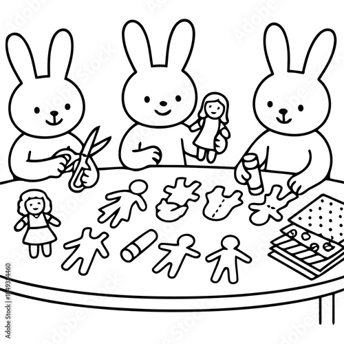 Cute Bunnies Crafting: Adorable bunnies gather around a table, engrossed in a delightful crafting session, meticulously cutting, gluing, and creating, filled with joy and boundless imagination.