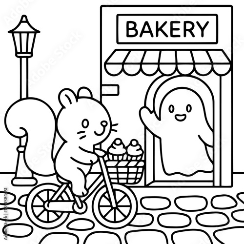 A Whimsical Trip to the Bakery: An adorable squirrel on a bicycle delivers pastries to a cheerful ghost outside a charming bakery, illuminated by a quaint street lamp, inviting a light-hearted.