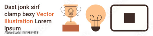Achievement, innovation, focus, success, creativity, minimalism. Trophy icon, light bulb and square shape in simple design. Achievement and innovation concept in modern visuals