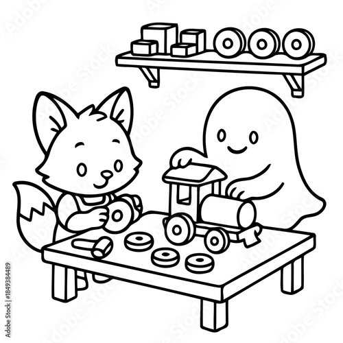 Playtime Pals: A charming illustration depicts a playful fox and a friendly ghost enthusiastically building a wooden toy train, symbolizing creativity and the joy of shared experiences.