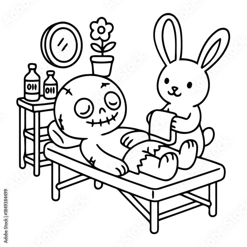 Zombie spa treatment: An adorable zombie getting a rejuvenating spa treatment from a cute bunny.