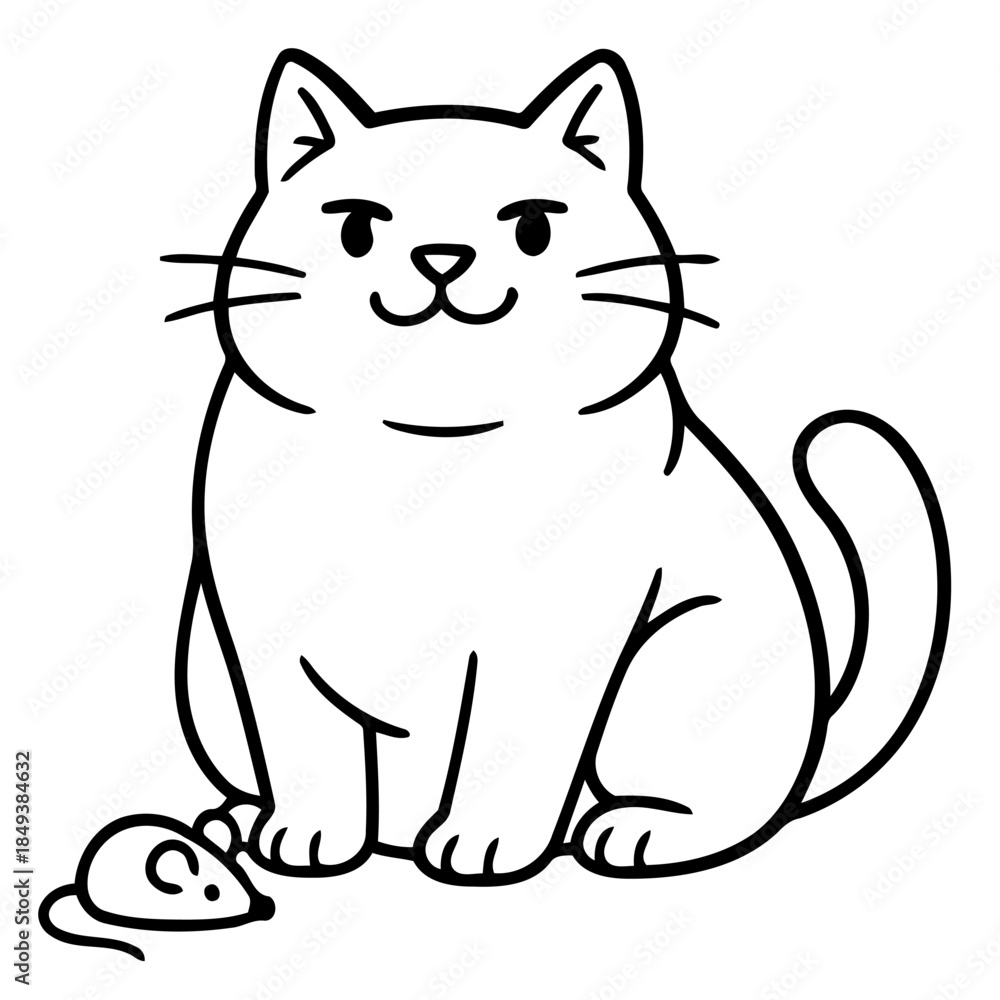 Obraz premium Playful Feline and Tiny Mouse: An adorable cartoon cat sits attentively beside a small mouse, presenting a whimsical illustration, capturing the essence of a playful moment.