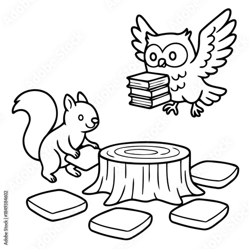 Wise Companions: A charming illustration depicts a friendly owl and squirrel, engaging in what appears to be a friendly discussion about reading and learning around a tree stump.