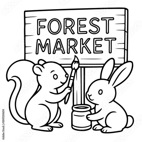 Forest Market's Artistic Announcement: An adorable squirrel and bunny collaborate to paint a sign for the Forest Market,. An illustration about a harmonious blend of nature and artistic expression.