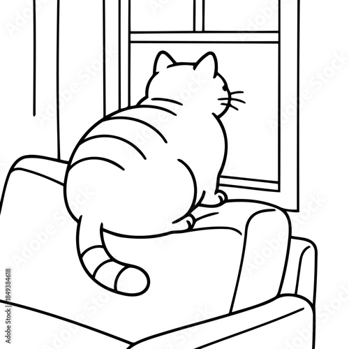 Cat Gazing at Window: A plump cat gazes out of a window from its perch on a sofa. It reflects on the simplicity of the moment.