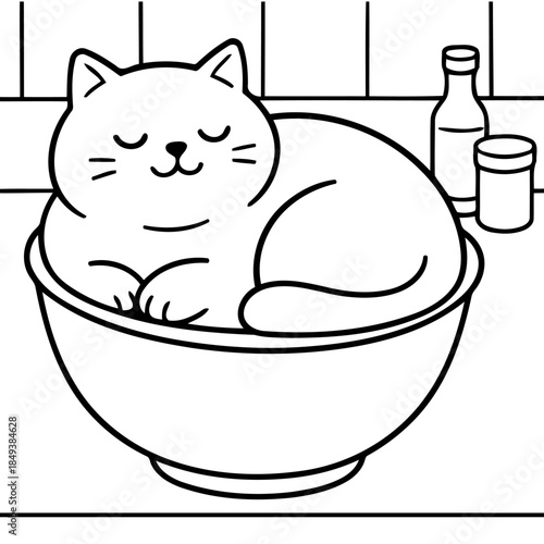 Cozy Cat Nap: A charming, outlined illustration portrays a contented cat, nestled inside a large bowl. Alongside are bottles that add domestic warmth.