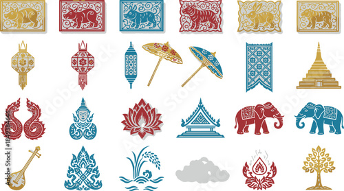 A collection of intricately designed, decorative Thai patterns and cultural motifs in various colors and shapes