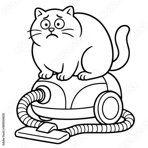 Cat on a Vacuum Cleaner: A whimsical illustration depicts a plump cat perched atop a vacuum cleaner, conveying a sense of bewilderment.