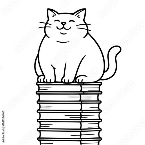Bookworm Cat: A contented feline perches atop a stack of books, exuding a sense of wisdom and knowledge, in a simple and clean illustration, perfect for literary themes. 