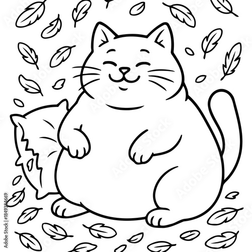 Chubby Cat's Dreamy Delight: A cheerful and rotund cat, enveloped in a playful dance of falling feathers and a comfortable pillow. Evoking feelings of comfort, bliss, and the simple joys of life.