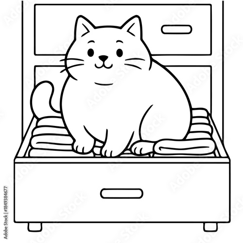 Cozy Cat's Comfort: A cartoon cat perches contentedly within a drawer, its soft fur nestled amidst neatly folded linens, evoking a feeling of warmth, and peace.