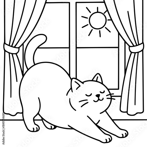 Cat's Morning Stretch: A charming cat stretches contentedly by a sunlit window, capturing a moment of peacefulness and morning bliss.