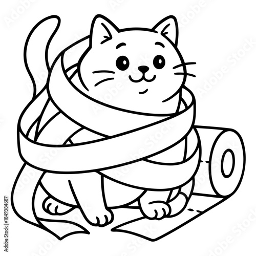 Cute Cat's Roll: A playful cartoon cat is playfully entangled in a roll of paper, highlighting a moment of innocent fun and adorable mischief.