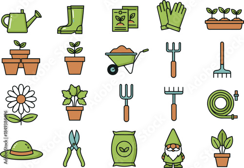 A collection of garden tools and plants, showcasing a variety of items used in gardening activities