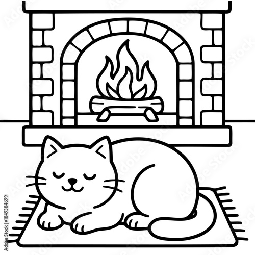 Cozy Comfort: An illustration of a cat peacefully asleep, snug in front of a warm fireplace, evoking a feeling of serenity and warmth.