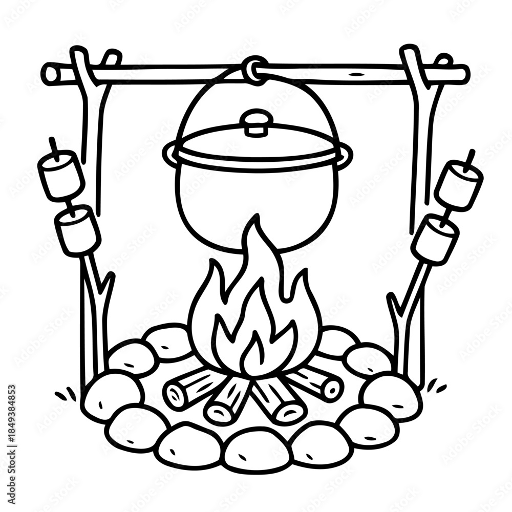 Fototapeta premium Campfire Culinary Adventure: A captivating illustration of a campfire scene, featuring a cooking pot, inviting flames, and roasted marshmallows.