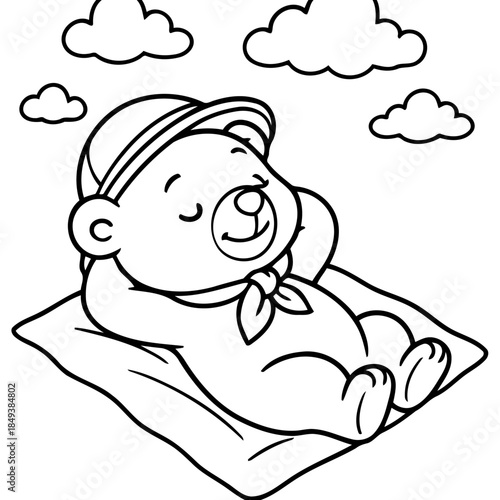 Teddy Bear Relaxation: A cheerful cartoon teddy bear, sporting a stylish cap and neckerchief, finds pure relaxation as it lounges on a fluffy pillow under a playful sky dotted with clouds.