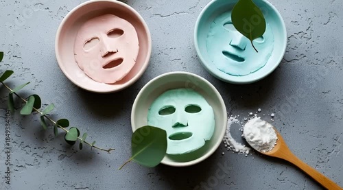 Facial masks and skincare ingredients arranged creatively