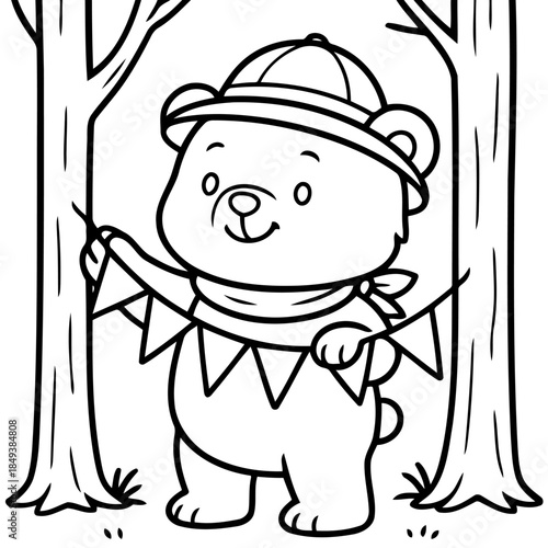 Little Bear in the Woods: A cheerful bear, adorned with a hat and scarf, stands amidst the trees, decorating the area with colorful flags, a whimsical scene of playful preparation.