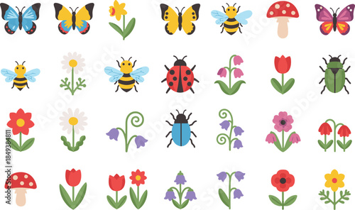 Collection of diverse elements featuring a variety of insects, flowers, and mushroom illustrations 
