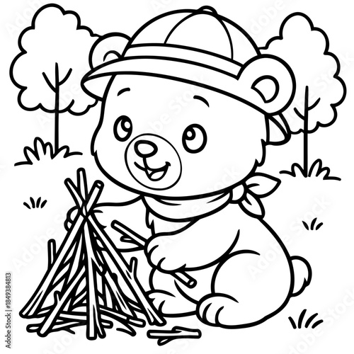 Camping Bear Cub: A charming bear cub, donned in a scout hat and neckerchief, diligently constructs a campfire, evoking the joy of outdoor exploration and adventure.