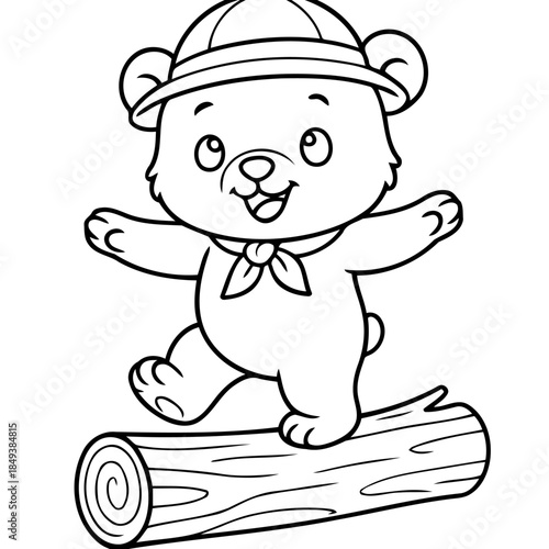 Happy Explorer Bear Balancing: A cheerful, illustrated bear cub confidently balances on a log, sporting a hat and neckerchief, embarking on an adventurous journey.