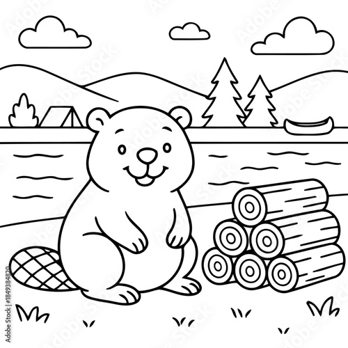Friendly Beaver at Lakeside: A charming illustration depicts a beaver smiling amiably beside a neat stack of logs with the calm lakeside scene