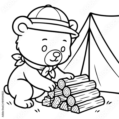 Adventurous Bear in the Wilderness: A charming bear cub, donned in a hat and scarf, meticulously arranges firewood near a tent, embodying the spirit of outdoor adventure. 