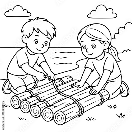 Crafting Adventure: Two kids, side-by-side, meticulously build a wooden raft by a tranquil lakeside setting, embarking on a creative outdoor activity. 