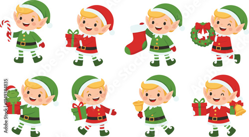 Cute Cartoon Christmas Elf Vector Set Clipart, Santa Helper Characters Collection with Gifts, Candy Cane, and Wreath, Festive Holiday Seasonal Greeting Element, Happy Xmas Decoration Illustration