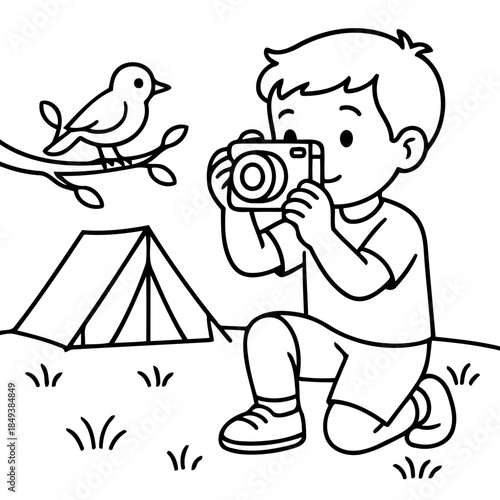 Aspiring Young Photographer: An enthusiastic young person kneels, capturing a precious moment of a bird perched on a branch, showcasing a blend of nature and artistic pursuit.