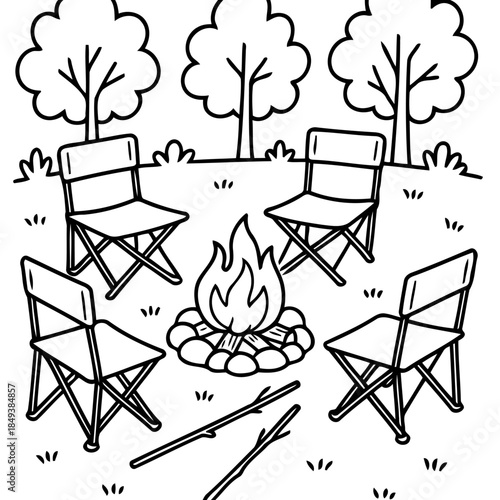 Campfire Gathering Scene: A serene gathering of folding chairs encircles a crackling campfire, inviting stories and shared moments under a canopy of trees. 