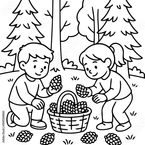 Forest Treasure Hunt: Two children, filled with glee, explore a woodland, collecting pine cones, showcasing a charming scene of outdoor adventure and natural discovery.