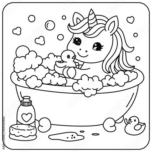 Cute Unicorn Bath Time Coloring Page with Bubbles and Rubber Duck – Kawaii Line Art for Kids