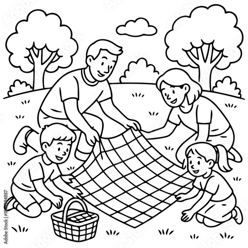Family Picnic Preparation: A cheerful family gather together, preparing for a picnic in a sunny park setting, ready to lay out the picnic blanket.
