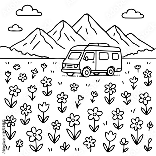 Journey into Nature's Embrace: An inviting camper van sits amidst a field of wildflowers, under the watchful gaze of majestic mountains, capturing the spirit of exploration and tranquility.