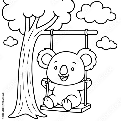 Koala's Joyful Swing Ride: A charming illustration depicts a koala joyfully swinging from a tree swing, capturing the innocence of childhood with simple line art.