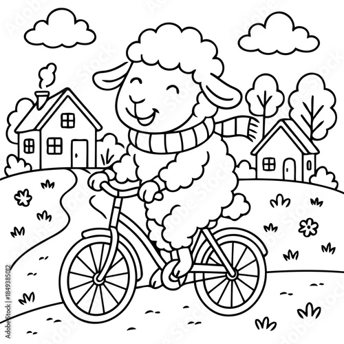 Sheep on Bicycle: A charming sheep, joyfully rides a bicycle through a picturesque countryside landscape. This illustration captures the spirit of adventure and the joy of simple pleasures.