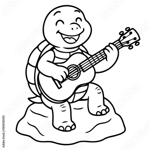 Turtle's Musical Serenade: A cheerful turtle strums a guitar with glee, sitting upon a rock, immersed in the rhythm of his song. 