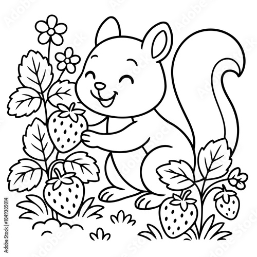 Squirrel and Strawberry Delight: A charming illustration depicts a gleeful squirrel holding a fresh strawberry, surrounded by lush strawberry plants and delicate flowers.