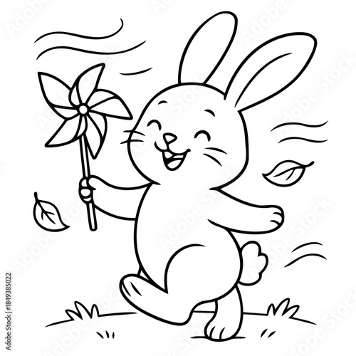Happy bunny holding a pinwheel: An adorable cartoon bunny with a cheerful expression joyfully runs while holding a pinwheel and embracing the playful breeze.