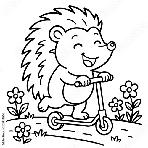 Cheerful Hedgehog Scooting: A delightful cartoon hedgehog joyfully scoots along, his beaming expression and spiky exterior showcasing the innocent happiness and charm of childhood fun.