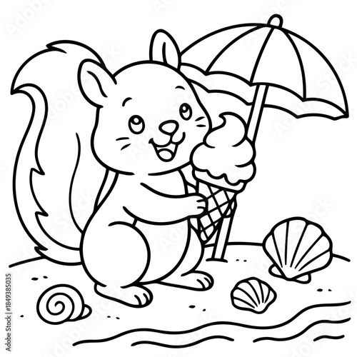 Squirrel's Seaside Delight: A charming squirrel enjoys a seaside adventure, savoring an ice cream cone beneath a beach umbrella. the scene evokes summer, joy, and the simplicity of carefree days.