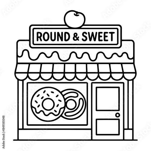 Sweet Delights Shop Illustration: A charming, outlined illustration of a confectionery store, showcasing round donuts and the inviting promise of sweet treats.